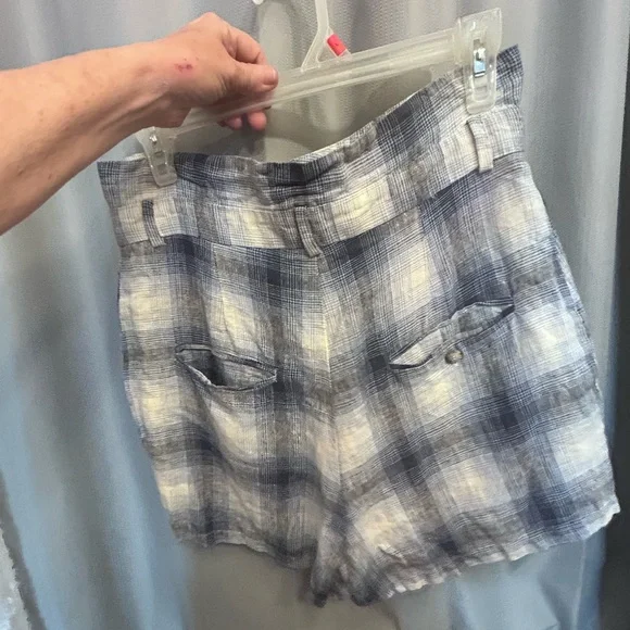 REFORMATION Rossi paper bag Shorts Blue Plaid 100% Linen not original belt - Picture 8 of 16